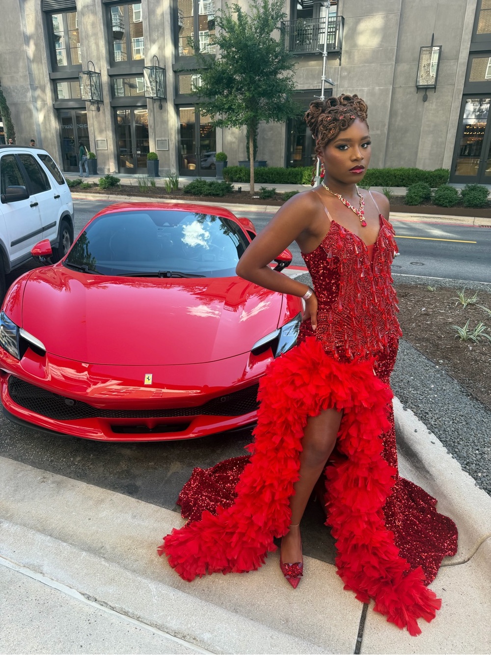 Elegant Red Sequin Feather-Trim Evening Dress